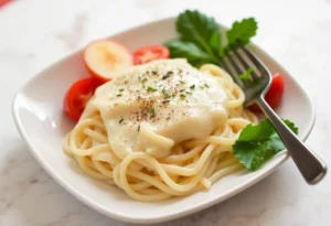 Una teglia di lasagne bianche appena sfornate, con strati di pasta, besciamella e formaggio fuso che si scioglie.
