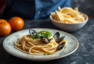 Piatto di linguine alle vongole veraci con vongole fresche, aglio e prezzemolo, servito in un elegante piatto bianco.