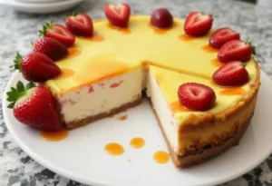 Una deliciosa cheesecake cotta preparata con Philadelphia, decorata con frutti di bosco freschi e una base di biscotti croccanti.