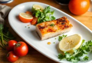 Una deliziosa fetta di salmone affumicato su un piatto elegante, accompagnata da fette di limone e aneto fresco.