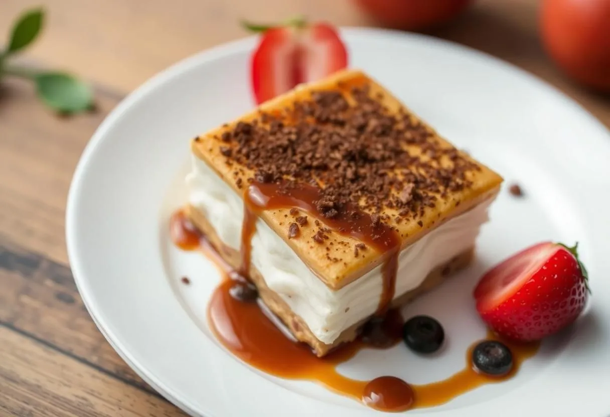 Delizioso tiramisù con panna, stratificato con crema soffice e cacao in polvere.