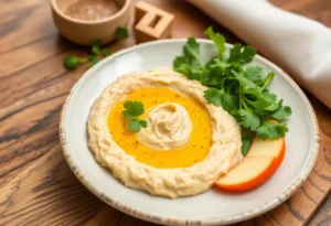 Una crema suave y cremosa de hummus de ceci servida en un bol, decorada con un chorrito de aceite de oliva y espolvoreada con pimentón.