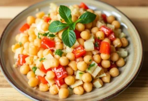 Insalata di ceci con verdure fresche e condimenti colorati in una ciotola.