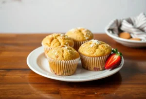 Una bandeja de muffins dorados recién horneados, esponjosos y con una textura perfecta, listos para ser disfrutados.