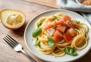 Pasta con salmone fresco servita in un piatto bianco, guarnita con erbe aromatiche e limone.